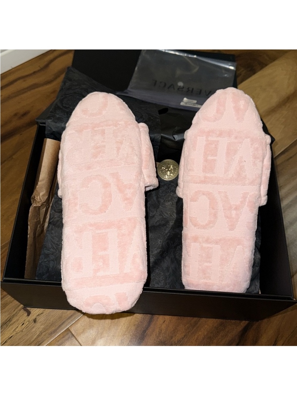 Versace Pink Toweling Logo Slide Slippers